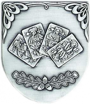 Zinn-Emblem Wappenform Skat "Vier Bauern"